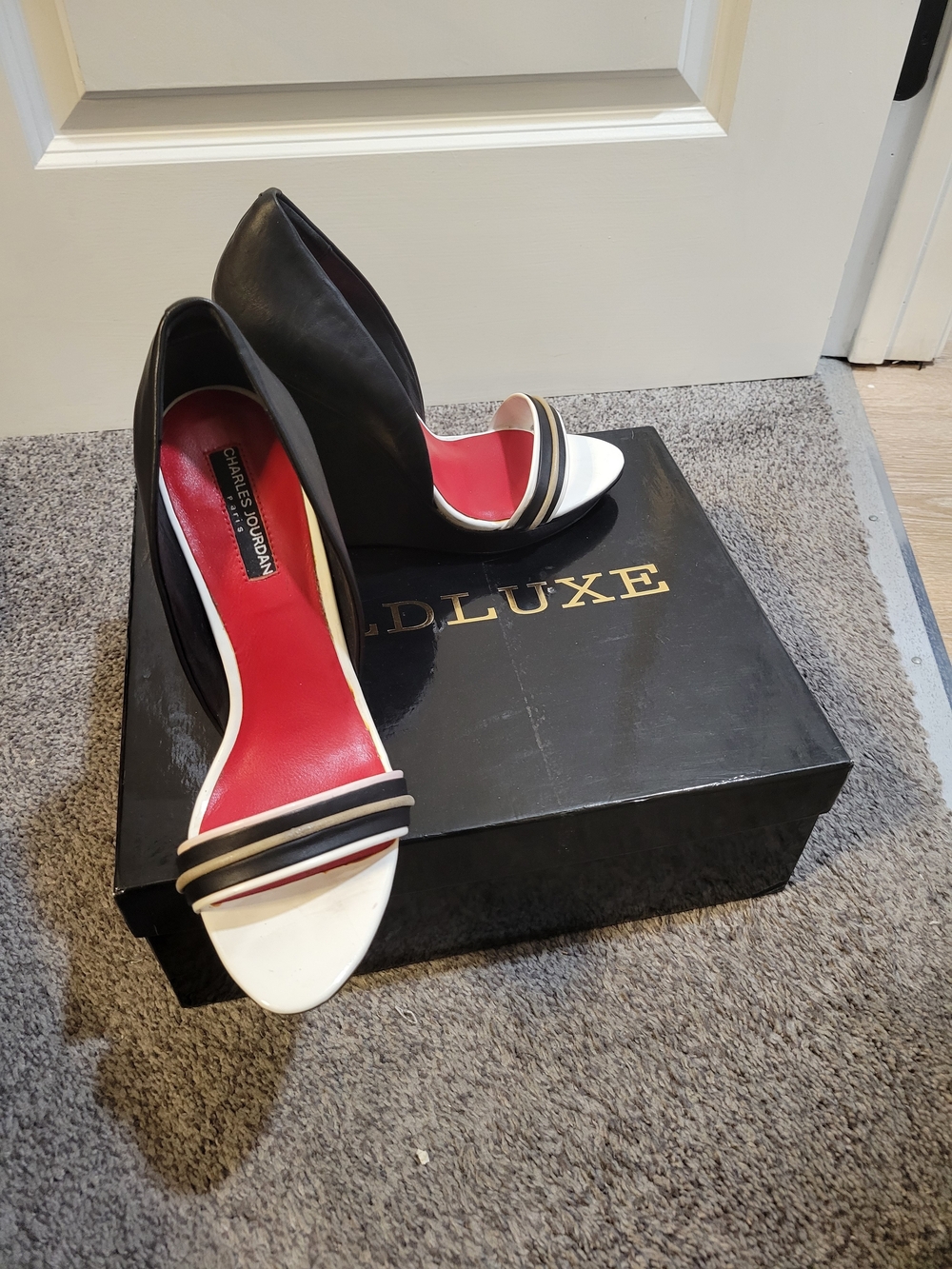 Charles Jourdan Black, White and Red Open-Toe Heels